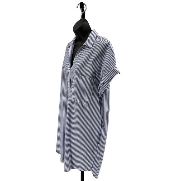 Zara TRF Collection Shirt Dress WMNS L Blue/White Striped Button Up Short Sleeve - Picture 3 of 5